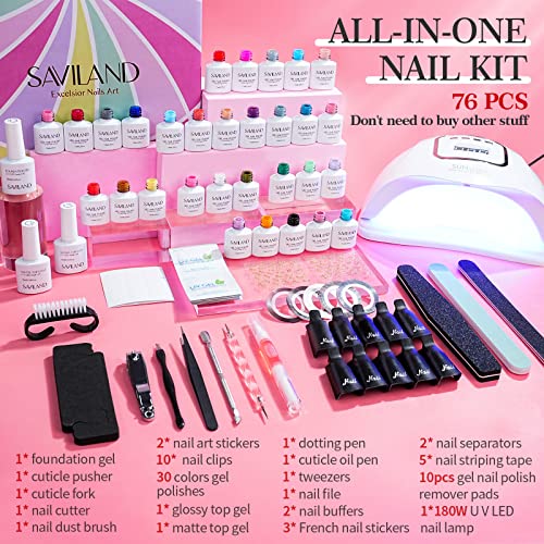 Image of SAVILAND 76PCS Gel Nail Polish Kit with 180W(5X Faster) U V Light - Starter Kit 30 Colors Gel Polish Spring Summer Nude White Soak-Off U V LED Nail Gel with 180W LED Nail Lamp Starter Kit, Gel Glossy /Matte Gel for Home DIY Nail Salon, Gift for Women