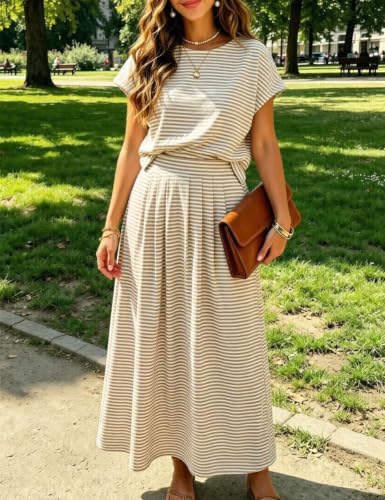 Image of Zontroldy Women's Summer 2 Piece Outfits Striped Skirt Sets Cap Sleeve Crop Top Midi Dress Matching Travel Outfits