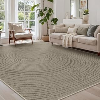 GENIMO Washable Large Rug 160x230cm, Low Pile Non-Slip Carpet, Durable Easy Clean Rug for Living Room, Dining Room, Home Office, Light Brown & Gray Annual Ring Texture