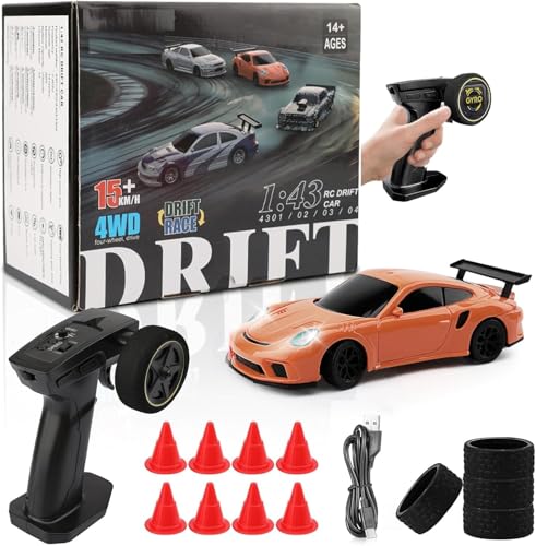 Image of Bestie toys Mini RC Drift Car with Gyro, 1 /43 Scale Remote Control Car High Speed Racing Micro Small with Full Proportional RTR 2.4GHz Remote 2 Tire Sets 8 Cones (Porche 911 GT3 RS)