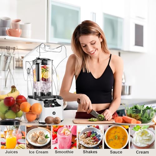 Image of Commercial Blender for Smoothies With Quiet Shield, 2.5HP Motor, Stainless Steel Blade, 80oz Pitcher for Shakes, Smoothies, Ice Crushing, Frozen Drinks, 15 Speeds, Self-Cleaning, White