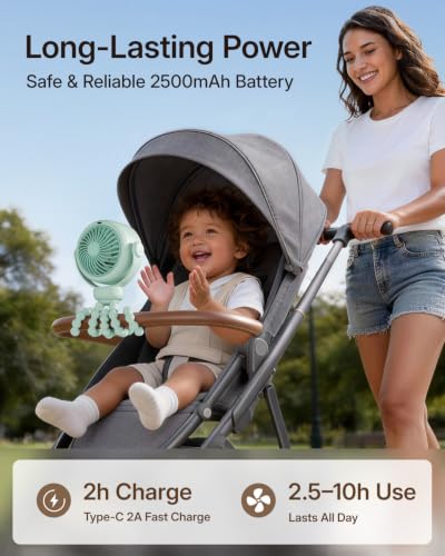 Image of SWEETFULL Portable Stroller Fan, Pinch-Proof Baby Fan - Green