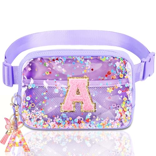 Image of Initial Fanny Pack for Girls - Belt Bag for Teens Kid Teen Girl Kid Birthday Gift Clear Purple A