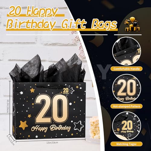Image of Powbrace 13 inch Black 20th Birthday Gift Bag with Tissue Paper and Greeting Card for Party,Happy Birthday Gift Bag for Men Women,Gift Bags Medium size(1 Black 20th)