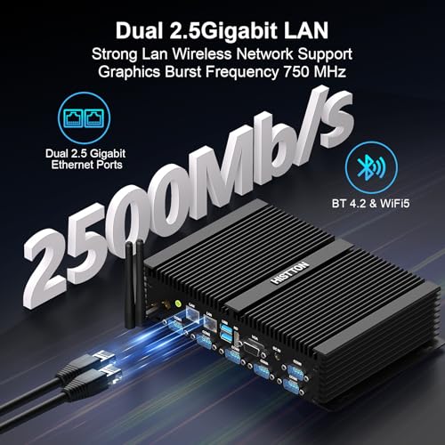 Image of HISTTON Fanless Mini PC Industrial Core i7-8550U,8GB DDR4 RAM 256GB mSATA SSD,6X RS232 COM,2X 2.5G LAN,4K Dual Display (HD+VGA),WiFi5, BT4.2,USB3.0,Mini PC Wind 11 Pro