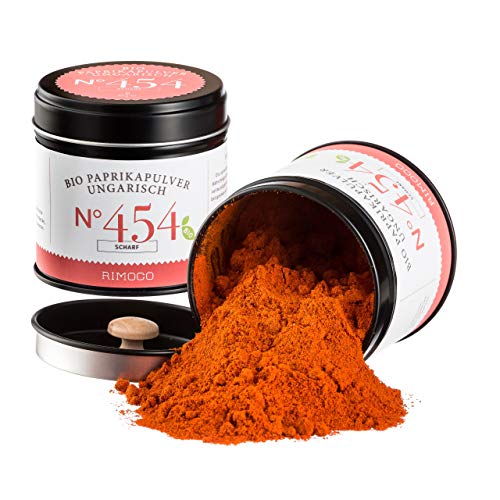 Rimoco N°454 Bio Paprikapulver ungarisch scharf - Paprika Pulver fein gemahlen aus Ungarn | pikant, feurig & fruchtig | Bio Anbau (DE-ÖKO-007) | 80g eleganter Gewürzdose mit Aromadeckel Cover