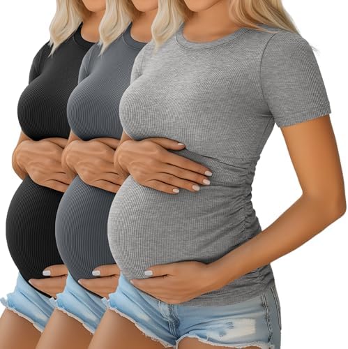 Ficerd 3 Pack Women's Maternity Shirts Cotton Short Sleeve Pregna...