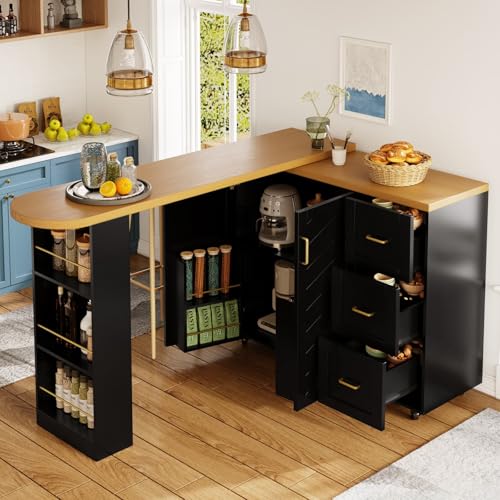 KOMHTOM Table de Bar Extensible avec Espace de Rangement, Meuble Bar avec 2 Portes en Verre, Rotation Libre à 360 °, étagères latérales (Noir-7)