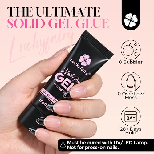 Image of Luckyfairy Gel Nail Glue for Nail Tips, Soft Solid Nail Glue, Cured Needed, 15ml Soak Off Adhesive Bonding for Clear Acrylic Nails Fake Nails Extension, Not for Press-on