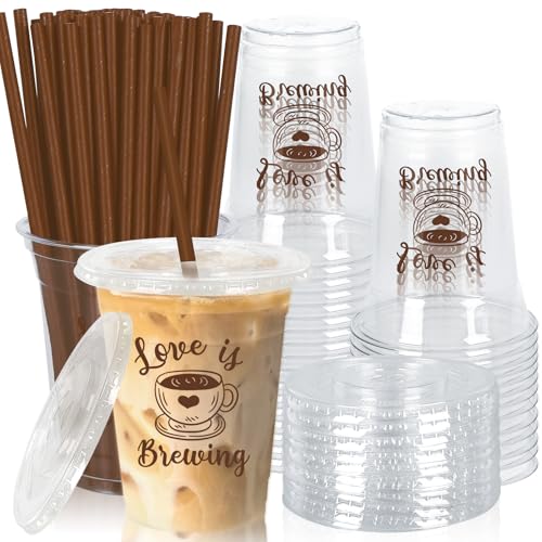 JarThenaAMCS 50Pcs Love is Brewing Plastic Cups with Lids Straws Brown Bridal Shower Coffee Drinking Cup 12oz Bachelorette Party Disposable Cups for Wedding Bride Shower Anniversary