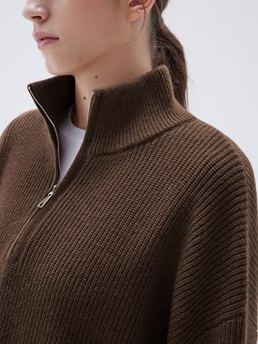 Image of SUUKSESS Women Cashmere Blend Oversized Quarter Zip Pullover Sweater Long Sleeve Collared Ribbed Knit Jumper Tops