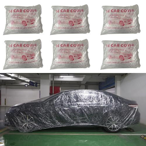 Image of 6-Pack Disposable Car Covers, Universal Clear Plastic Car Cover with Elastic Band, Waterproof Rainproof Dustproof Car Cover for SUV Sedan (15.7ft x 24.6ft)
