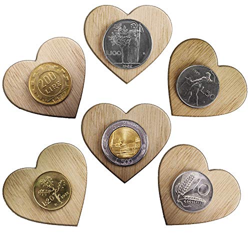  DLM-31760 (Kit 12 Pezzi) Magnete Calamita Cuore in Legno con Moneta Lira Lire Repubblica Italiana 1946-2001 Pre-Euro Monete d\'Epoca bomboniera