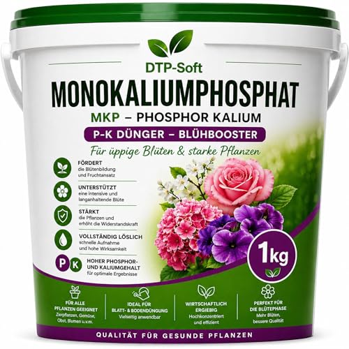 DTP-SOFT Monokaliumphosphat Dünger 1kg/1000g Eimer - MKP P-K Dünger wasserlöslich - Blühdünger und Kalium Phosphor für Tomaten Gemüse Obstpflanzen Balkonpflanzen - chlorfrei