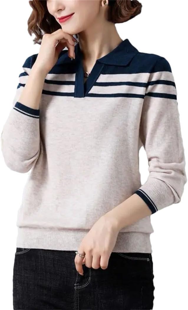 Women's Fashion Striped Sweaters Polo Collar Loose Contrast Color Pullovers Casual Long Sleeve Knitted Tops