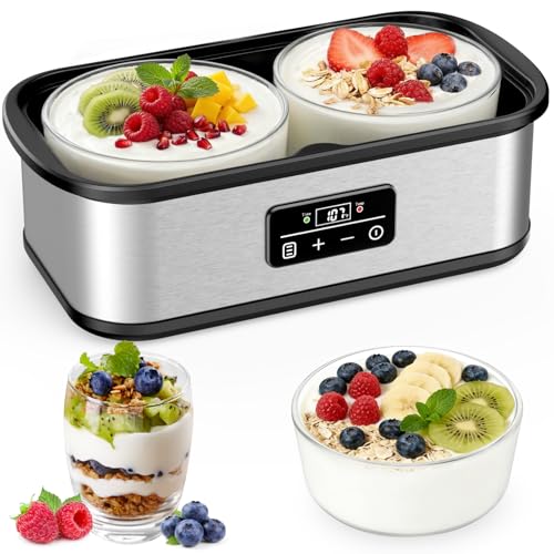 Yogurt Maker with Two Containers, Yogurt Maker Machine with Adjustable Temperature & Time Control, Automatic Shut-Off & Constant Temper for Homemade Probiotic Yogurt, Promoting Gut Health