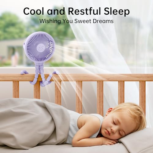 Image of Mini Stroller Fan Clip-on for Baby, Small Portable Fan Rechargeable and Handheld, USB Cooling Fan with 3 Adjustable Speeds and Flexible Tripod for Travel, Car Seat, Camping, and Bedroom, Purple