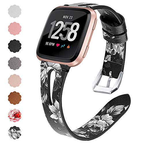 QIBOX Leather Bands Compatible with Fitbit Versa/Versa 2, Slim Vintage Leather Band Replacement Strap Women Man Wristband Accessories Compatible with Fitbit Versa 2 Smartwatch