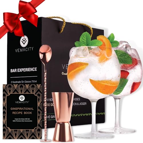 Vemacity Gin Glasses for Gin Lovers-Set of 2 Handmade G&T Glasses (750ml)| Rose Gold Pro Cocktail Spoon and Double-Sided Jigger | Large Cocktail Glasses in a Gift Box- Authentic Copa Glasses