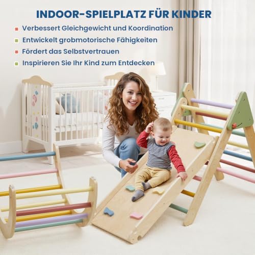 Foto von 7 in 1 Montessori Klettergerüst Set Kinder ab 18m+ Baby Holz Pikler Dreieck