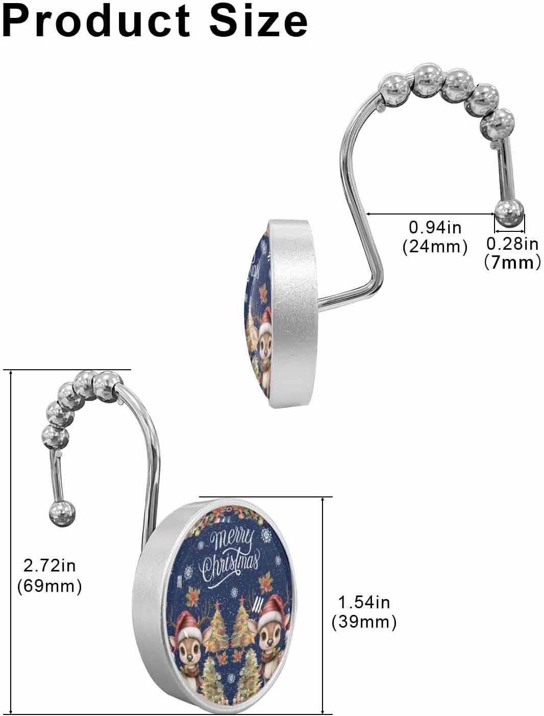 Shower Curtain Hooks 12 Pcs Merry Christmas Xmas Tree Deer Snowflake Blue Stainless Steel Rust Proof Rolling Shower Curtain Rings, Decorative Shower Curtain Hooks Hangers for Bathroom