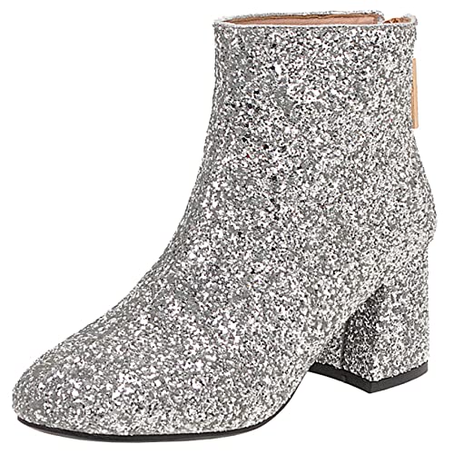 FIFSY Women Sparkly Block Heel Ankle Boots Shiny Heeled Sequin Glitter Boots