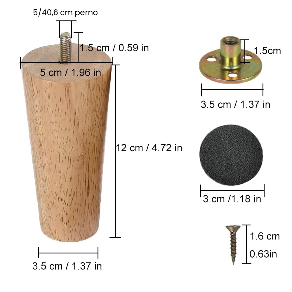 Patas para Muebles Madera 6 Piezas Patas de Madera de Sofá 12cm Patas de Madera para Muebles Patas de Mesa de Madera con Placa de Montaje Tornillos y Protector Antideslizante