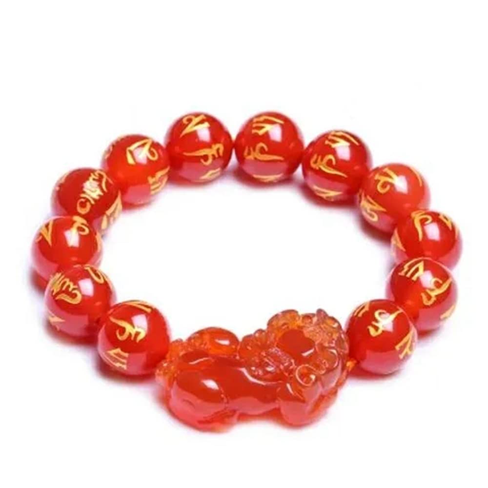 Feng Shui Red Agate Wealth Bracelet, Feng Shui Pixiu 8mm Red Hand Carved Mantra Adjustable Elastic Bead Bracelet for Women Attract Wealth Bring Money Good Luck Bracelet Jewelry