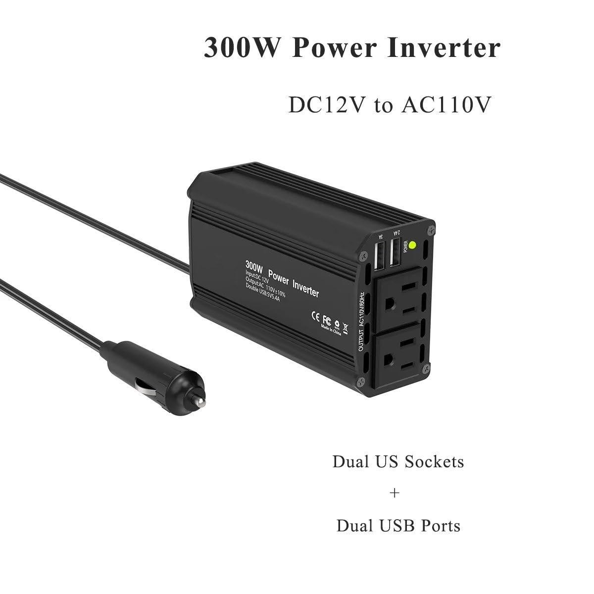 Inversor De Corriente Para Coche De 300 W CC 12 V A CA 110 V Con Dos Puertos USB De 5,4 A Inversor Onda Pura Convertidor