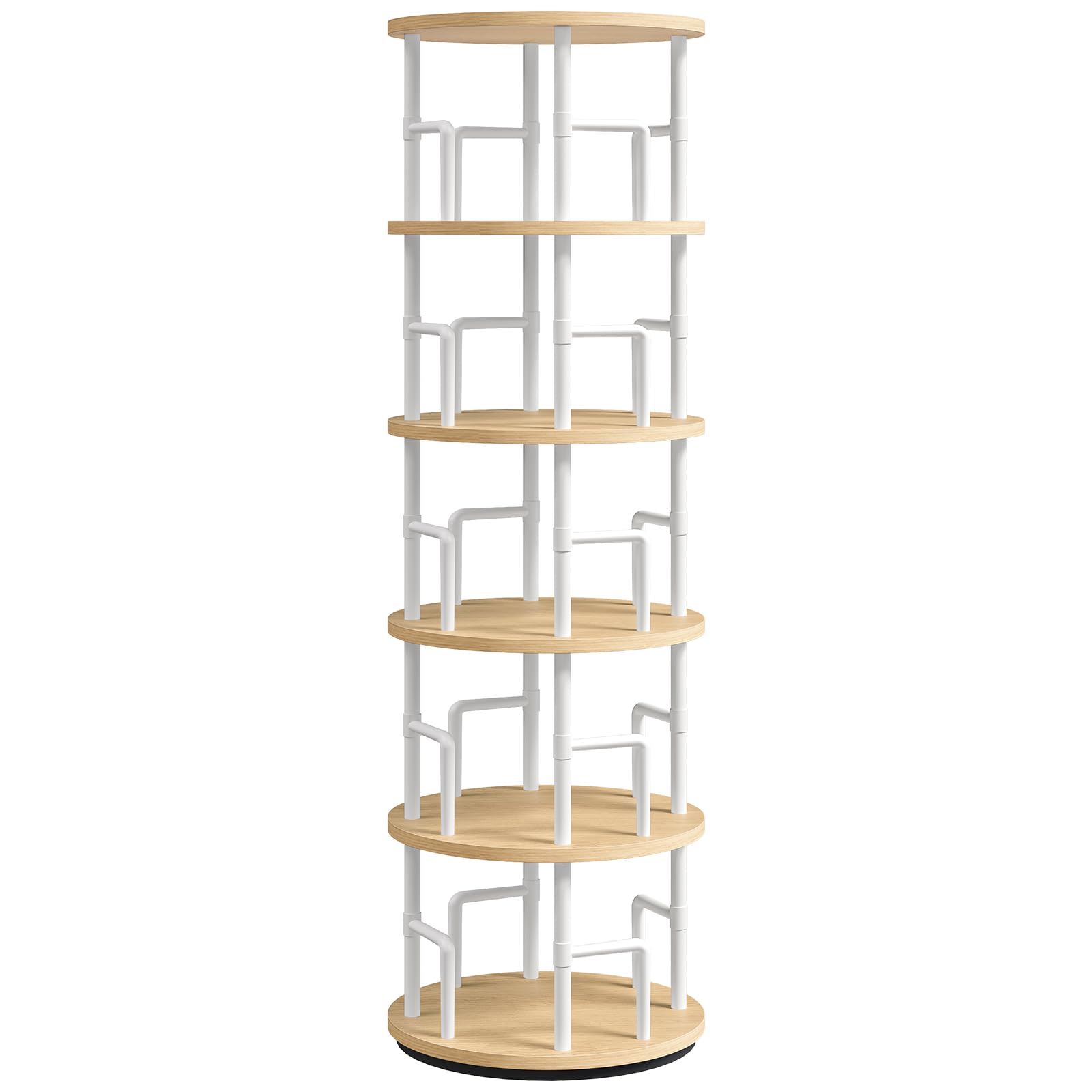 MAHANCRIS Estantería Giratoria de 5 Niveles, Display girevole a 360°,Librería de Pie con Barras de Seguridad, para Sala, Dormitorio o Despacho, Madera Natural y Blanco ABKBN4501