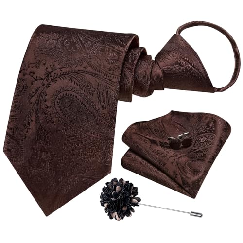 Image of Hi-Tie Dark Brown Zipper Tie For Men Paisley Mens Adjustable Pretied Neckties Handkerchief Cufflinks Formal Business Neck Ties