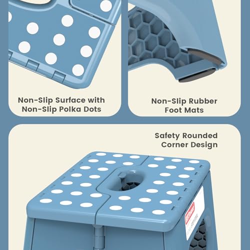 Image of HBTower Folding Step Stool 9 Inch - Holds 600 lb, Non-Slip Surface & Carry Handle - Sturdy Step Stool for Kids, Toddlers & Adults - Compact Foldable Foot Stool for Kitchen, Bathroom, Bedroom(Blue)