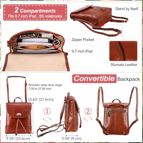 Image of Banuce Italian Full Grains Leather Convertible Backpack Purse for Women | Eco-friendly Leather,Convertible and Adjustable Back Strap,Fits 9.7 inch iPad,Lightweight,Small Size,with Turnlock
