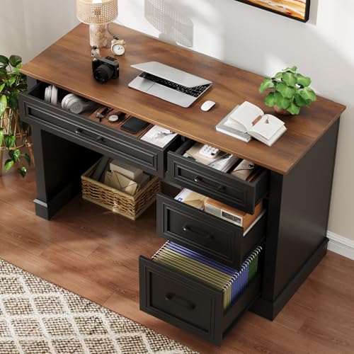 Image of Farmhouse 47 inch Executive Desk with File Drawer, Computer Desk with 4 Drawers, Workstation for Writing, Study, Home Office,Black Brown