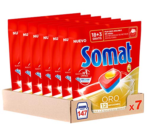Lavavajillas Pastillas Somat Oro Cápsulas Detergente Pastillas Lavavajillas 18 + 3 Dosis - Paquete de 7, Total: 147 Cápsulas
