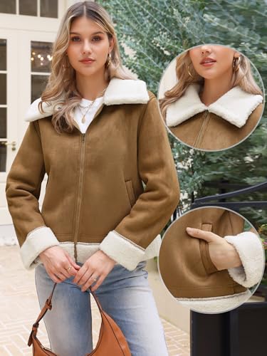 Allegra K Winter Faux Suede Jacket Coat for Women 2025 Faux Fur Shearing Lined Warm Thick Fleece Fuzzy Outerwear2