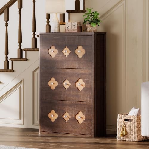 Image of GarveeHome Shoe Storage Cabinet with 3 Flip Drawers & Adjustable Shelves | Floral Pattern, Shoe Cabinet for Entryway, Hallway, Living Room, Narrow Wooden Shoe Cabinet, Brown