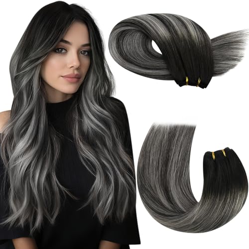 Moresoo Human Hair Extensions Black to Silver Gray 20