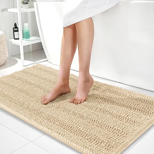 Image of OLANLY Thick Bathroom Runner Rugs 44x24, Extra Absorbent Chenille Striped Bath Rugs, Rubber Backing, Machine Wash Dry, Long Bath Mats for Bathroom Floor, Tub and Shower, Home Decor Accessories, Beige