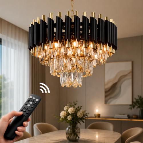 Image of Elegant Chandelier Ceiling Light for Living Room Hanging Pendant Light | Italian K9 Crystals | Metal Frame | Adjustable LED Light (Warm, Cool, Natural White) (Rotatable-300MM-Round-Black Gold)