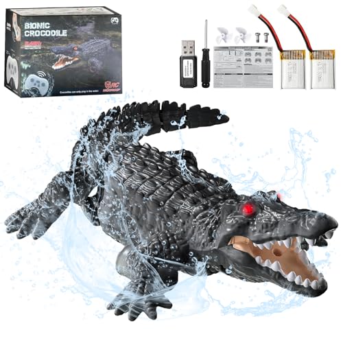 3T6B Barcos Teledirigido RC Cocodrilo, 2.4GHz Barco de Control Remoto con luz LED y Doble hélice para Piscinas y Lagos, Juguete Cocodrilo EléCtrico de Piscina Agua para niños y niñas