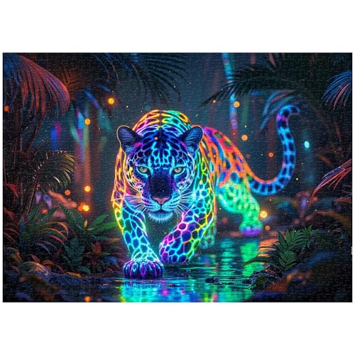Wild Leopard Puzzles for Adults 1000 Pieces, Neon Jungle Forest Wildlife Jigsaw Puzzles, Colorful Hunting Animal Puzzle by PPuzzling - Used condition - Image 2