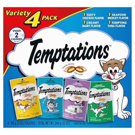 Temptations Classic Crunchy and Soft Cat Treats Feline Favorites Variety Pack, 3 oz. Pouches (Pack of 4)