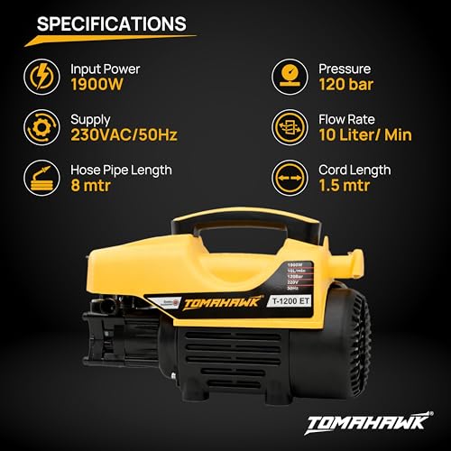 Image of Tomahawk T-1200 Induction Motor Pressure Washer - 120 Bar High Pressure, 1300W Deep Cleaning Power | 1-Line Compact Washer with 8m Hose, Pressure Gauge & Foam Bottle for Car, Bike & Home