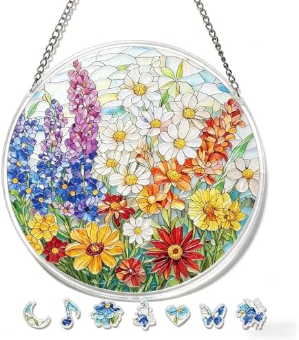 Acrylic Puzzles Suncatcher Window Hanging - 83 Pieces 7.4 Inch Stained Glass Sun Catcher Puzzle Farmhouse Decorations for Home Garden Patio, Birthday Gifts for Mom Women Adults (Garden)