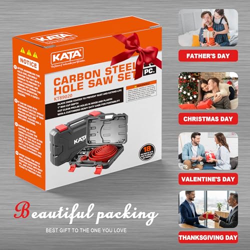 Image of KATA 25 PCS Hole Saw Kit with 3 /4 inch-6 inch for Soft Wood, Drywall, Plastic, Red | Carbon Steel Hole Saw Set with Wrench, Mandrels, Hex Key, Multi-Size Hole Cutter Drill Bit for Plywood & Wood Home Use