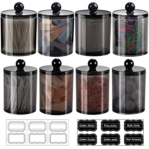 8 Pack Qtip Dispenser Apothecary Jars Bathroom Set With Labels - Black Plastic Qtip Holder Storage Set For Cotton Ball,Cotton Swab,Cotton Rounds,Floss Picks,Hair Clips,Hair Ties(Black,15Oz & 12Oz) #TOP21