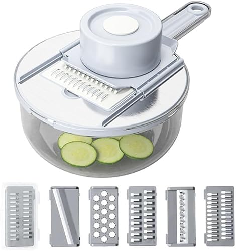 スライサー 野菜カッター 野菜スライサー 多機能スライサーセット 5枚刃 キッチン用品セット収納洗面器と水切りバスケット付き スライサーセット 1セット5役 多刃付き 多機能スライサー スライス、切り花、太いワイヤー、細いワイヤー 指保護 調理 コンパクト