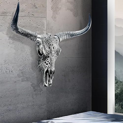 Cow Skull Wall Decor,Long Horn Cow Skull Wall Hanging,Cow Skull Wall Hanging Decor,Faux Taxidermy Head Wall Decor,Simulation Large Bull's Head Boho Style,Decor Wall Sculpture for Home Office (Black)