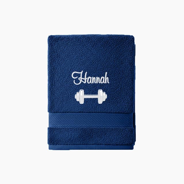 Stars and Stripes Personalised Barbell Gym Towel – Customised Embroidery Name Text – Cotton Exercise Weight Lifting Towels (Navy, Hand Towel)